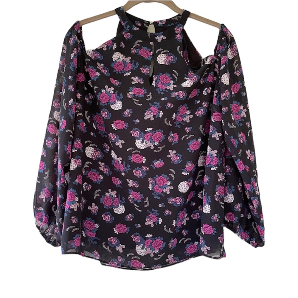 Bar III Black Floral Cold Shoulder Top